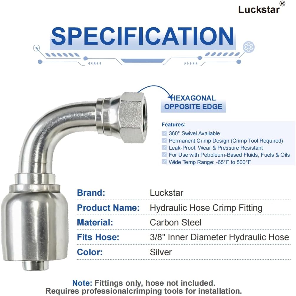 Luckstar 12-Pack 90° Hydraulic Hose Fitting, 3/8" Hose x 3/8" JIC 37° Female 90° Elbow, High-Strength Carbon Steel Crimp Fitting for Industrial Use