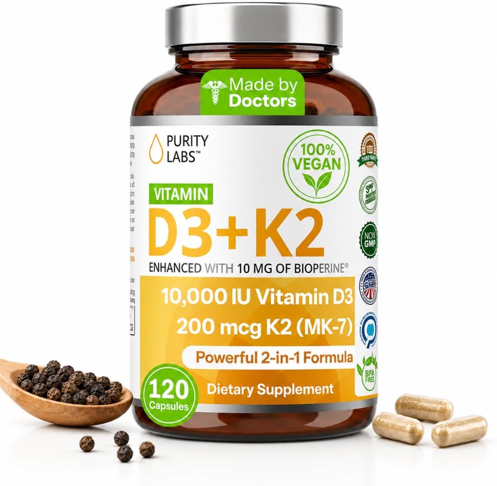Vitamin D3 K2 10000 IU, (250mcg) D3 + 200mcg K2 MK7 - Immune Support Supplement Enhanced with Bioperine - Supplements for Daily Defense, Bone, Muscle & Skin Health - 120 Capsules