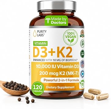 Purity Labs Vitamin D3 K2 10000 IU, 250mcg D3 + 200mcg K2 MK7 - Immune Support Supplement Enhanced with Bioperine - Supplements for Daily Defense, Bone, Muscle & Skin Health - 120 Capsules