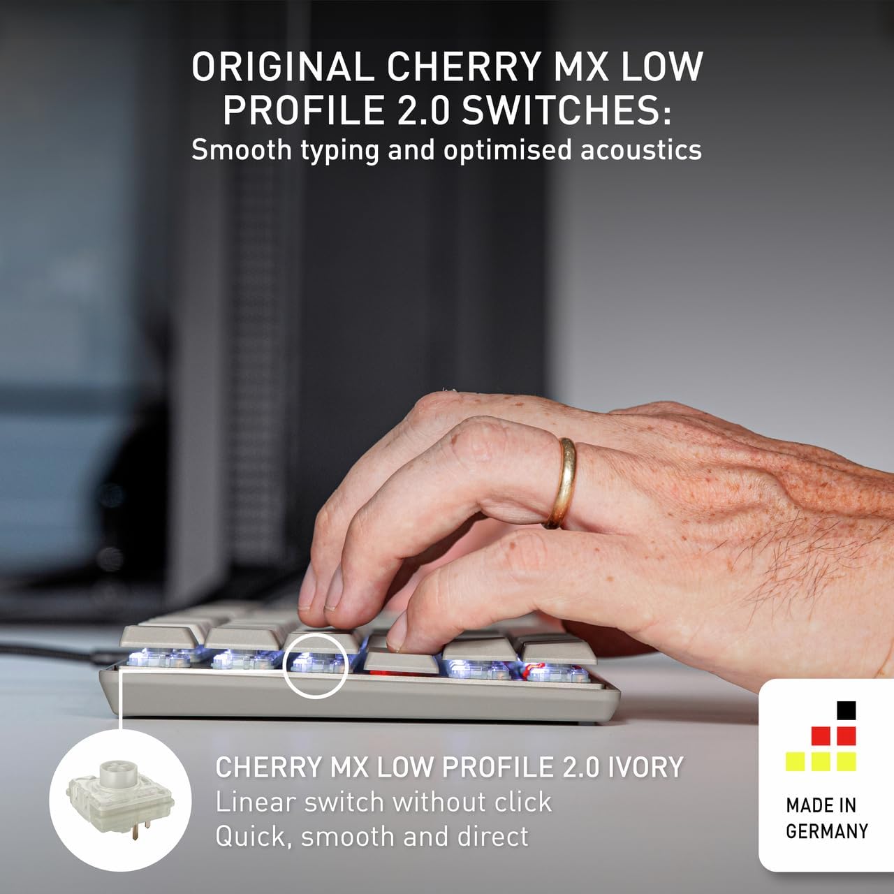 Cherry KC 500 MX LP Mechanical Low Profile Keyboard | Slim Design | White Lighting | PBT Key caps New MX LP 2.0 Switches (Gray, TKL)