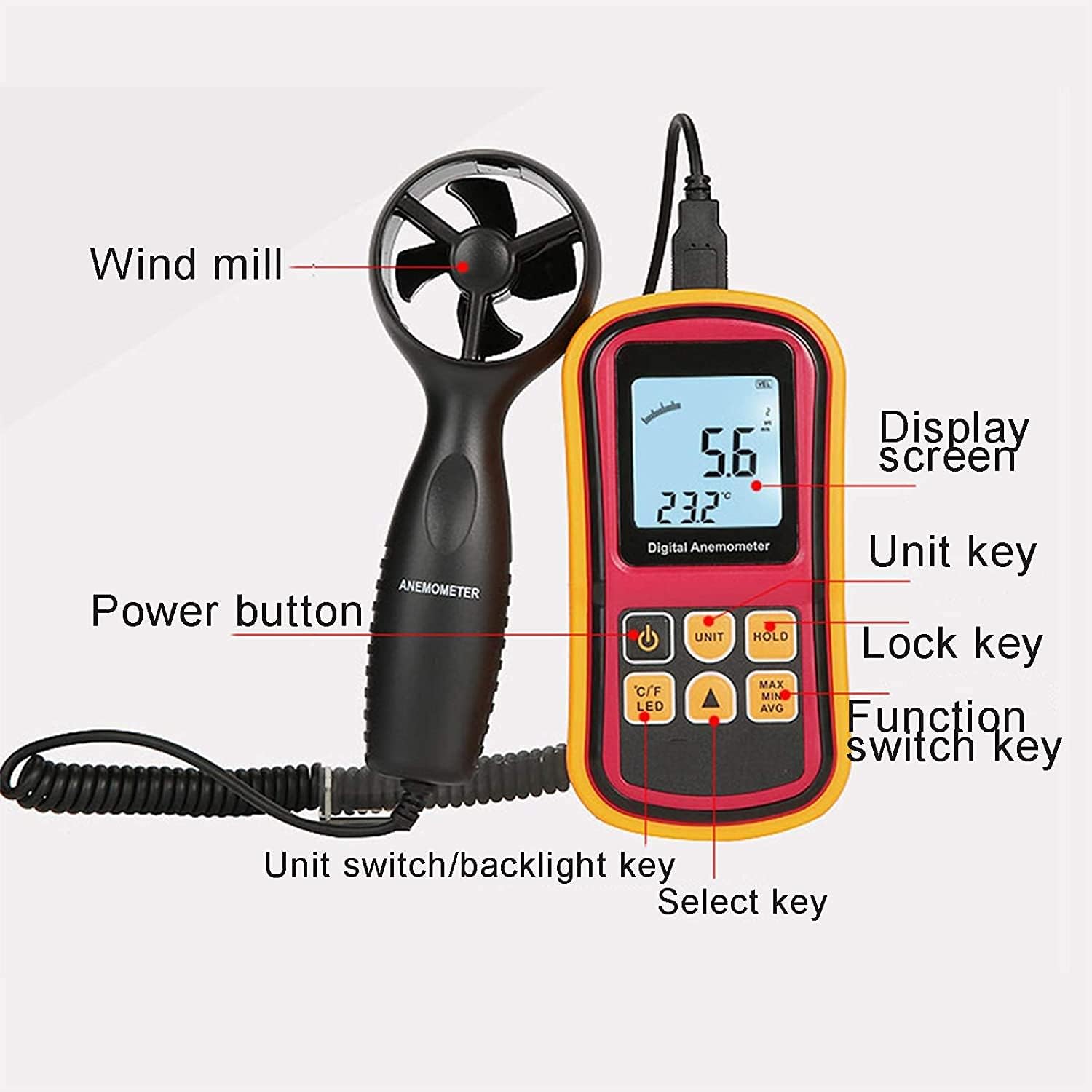 Handheld Anemometer, Digital Wind Meter,Anemometer Wind Speed Meter with Backlight Max/Min/Avg Functions for Measuring Wind Speed Air Velocity HVAC Anemometer Outdoor