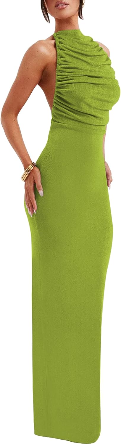 SHESEEWORLD Summer Women's Mock Neck Sleeveless Slim Fitted Maxi Dress Elegant Ruched Bodycon Party Outfit - Image 3