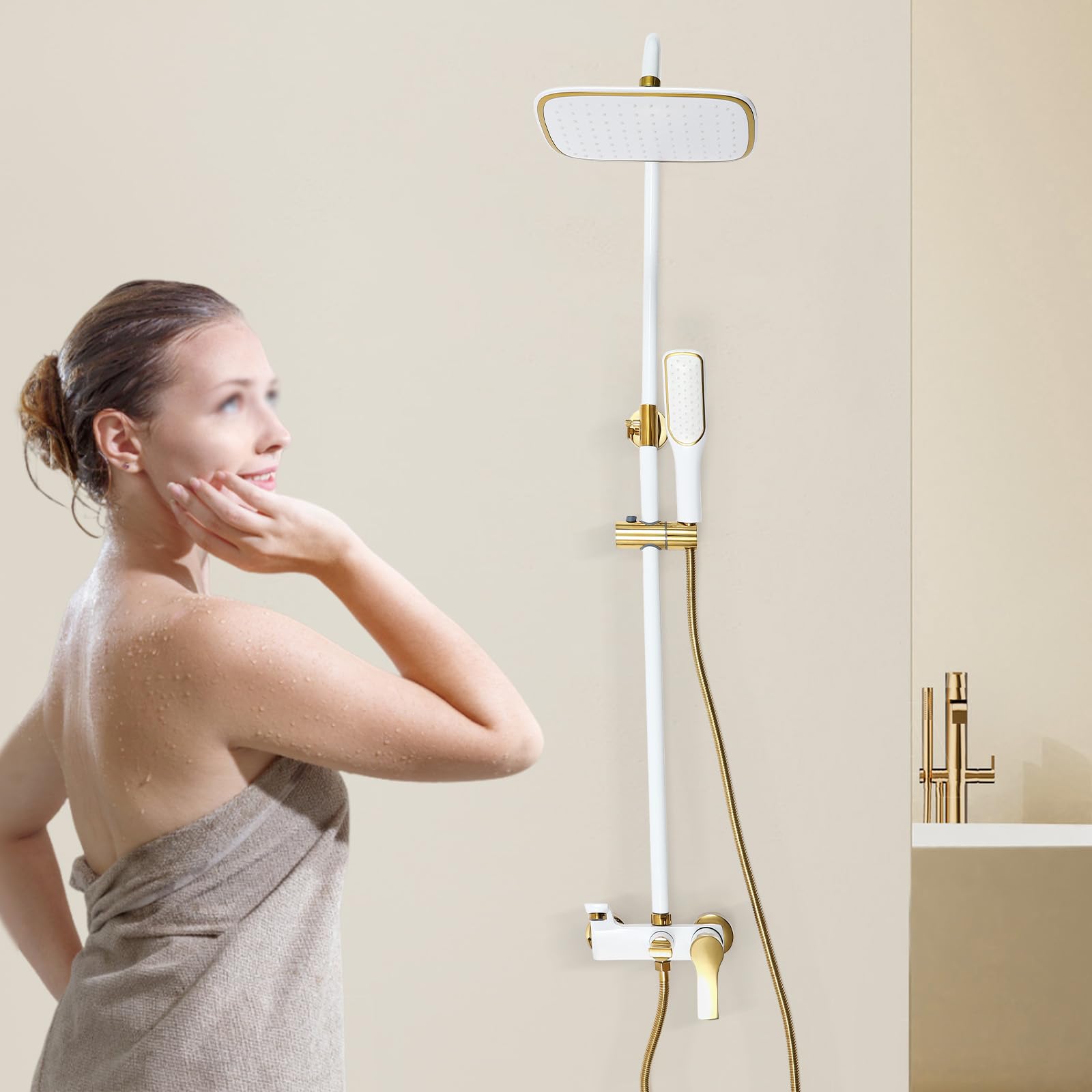 Sistema doccia con soffione e doccetta, set completo, asta doccia regolabile in altezza 85-125 cm, sistema doccia bianco oro, 3 uscite dell'acqua con attacco G1/2, per bagno