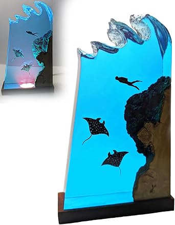 Handmade Ocean Bedside Resin Night Lamp, Ocean Creative Epoxy Resin Wooden Lamp, Desktop Decoration Christmas Birthday Gift