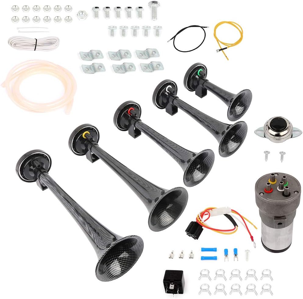 super loud 5 Trumpet Musical Dukes Hazzard Dixie Horn Kit with Compressor Dixie Musical Air Horn for Any 12V Vehicles Trucks Lorrys Trains Boats Cars Vans Kit