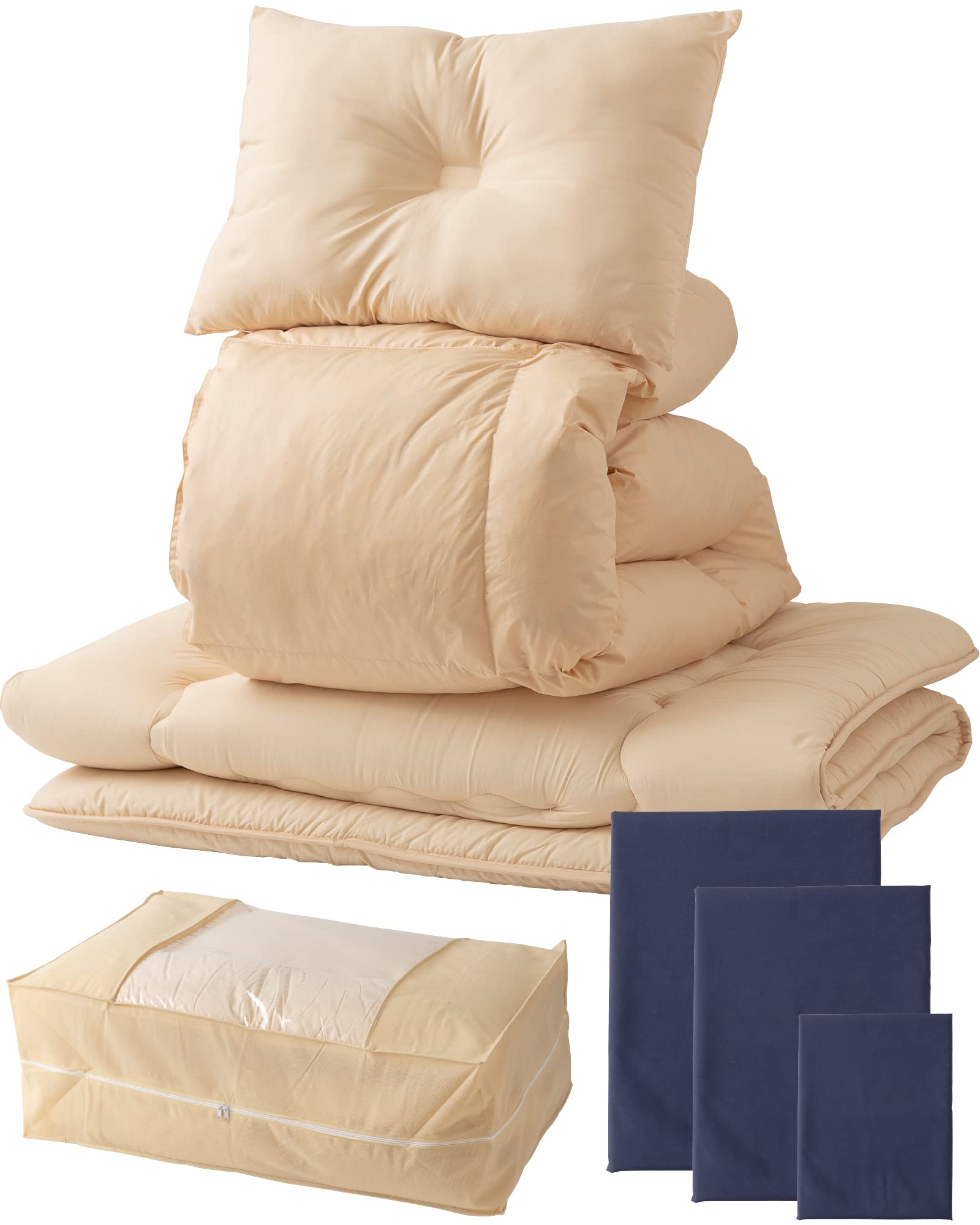 AQUA 60860307 Nice Day Comforter Set, 9 Piece Set, Double (Comforter), Ivory (Cover), Navy (Comforter/Futon), 3-Layer Solid Cotton, Pillow, Storage Bag, Each Cover]-image-26