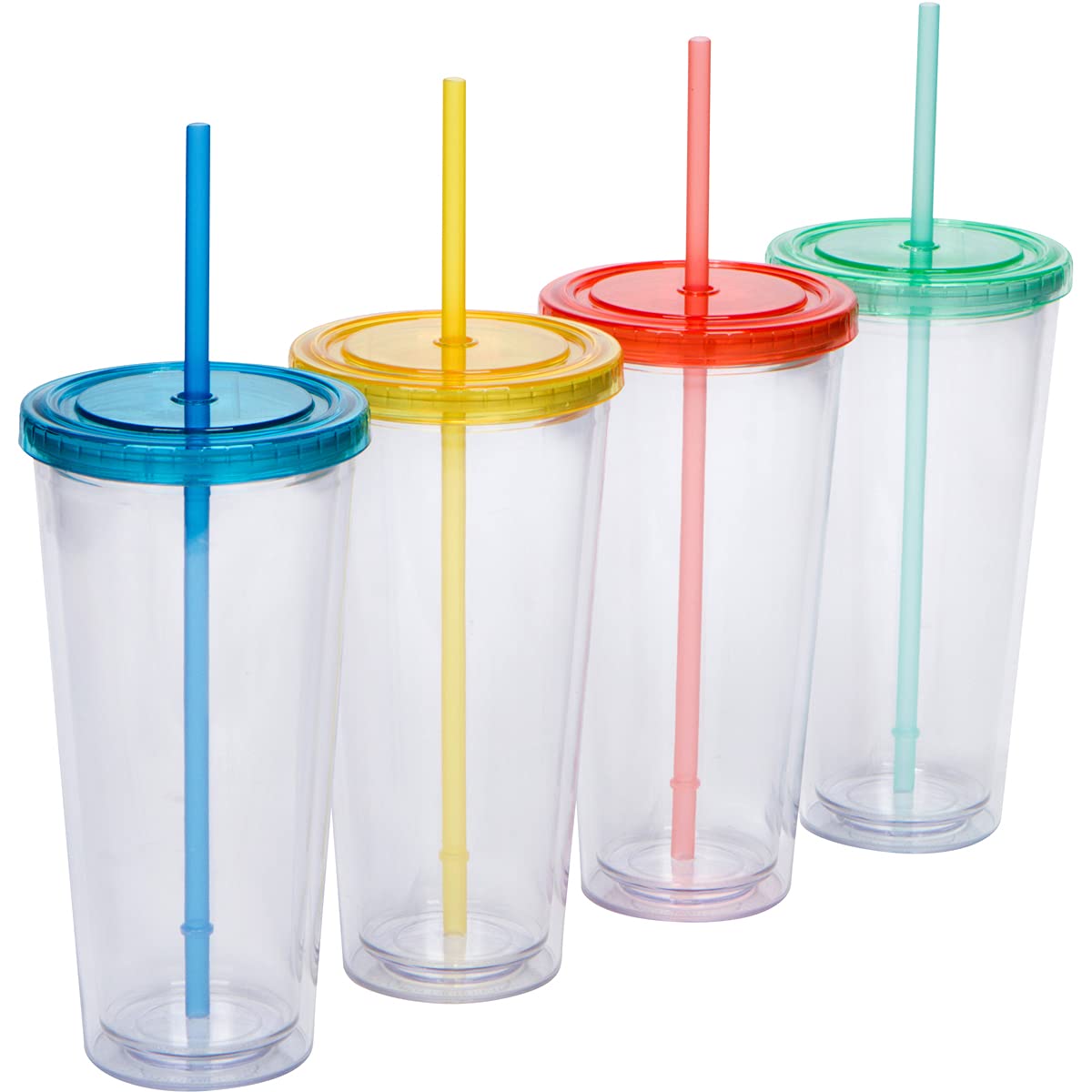 24oz Double Wall Plastic Tumblers with Lids and Straws | Large Classic Travel Tumbler | Clear Reusable Cups with Straws | BPA Free (Multicolor - 4 Pack)