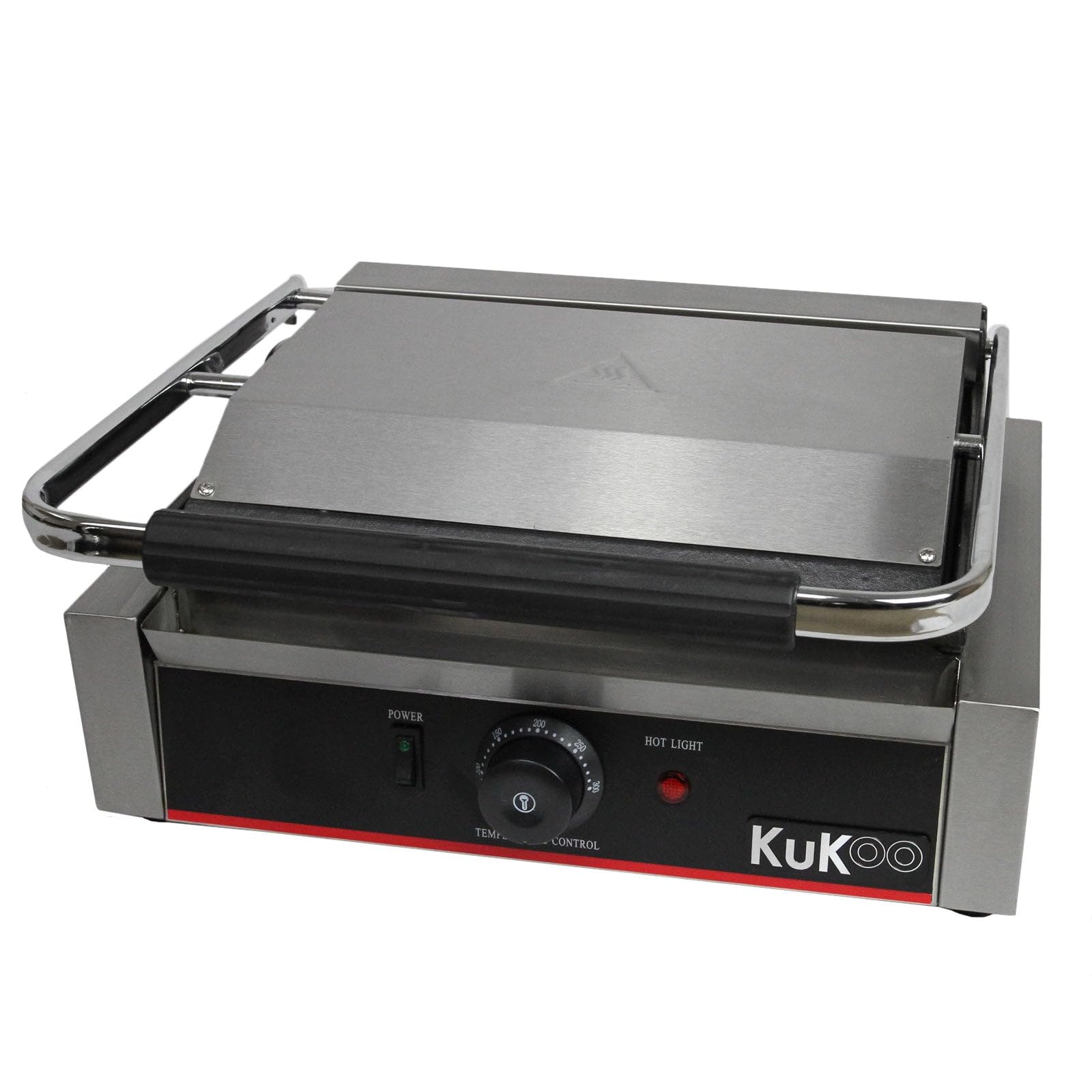 KuKoo - Piastra per Panini Professionale con Griglia Rigata, 2200W, 50-300°C, Acciaio Inox e Griglia in Ghisa per Hamburger, Sandwich con Spazzola Gratis