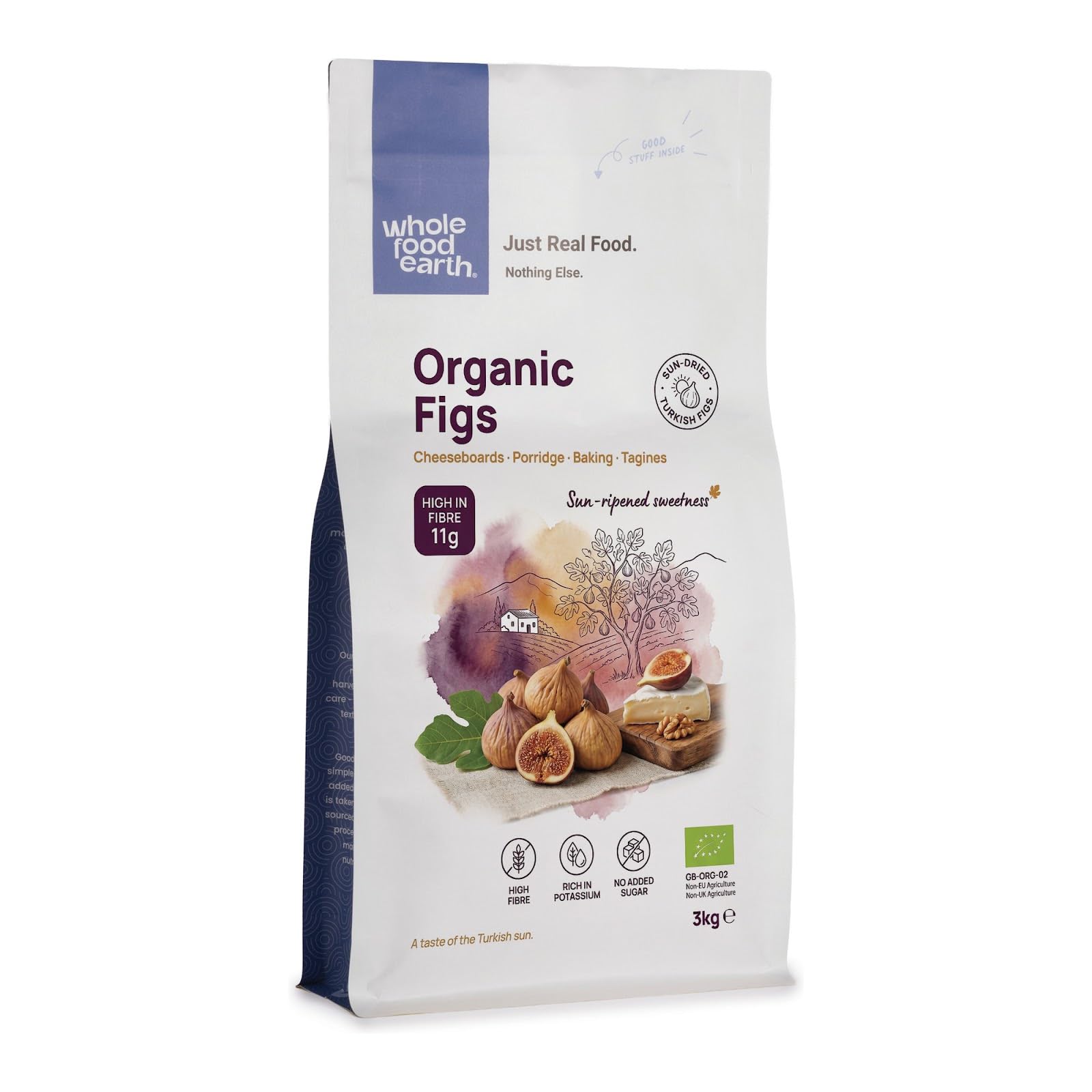 Wholefood Earth - Fichi secchi biologici, 3 kg, crudi, essiccati al sole, senza OGM, vegani, ad alto contenuto di fibre, certificati biologici