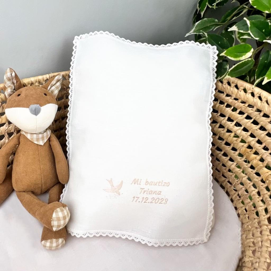 CARREDANA Pañuelo de Bautizo Bordado Personalizado. Personaliza Nombre, Color y Fecha. Toalla Bautizo-Regalo Personalizado (con Paloma Bordada) — view 7