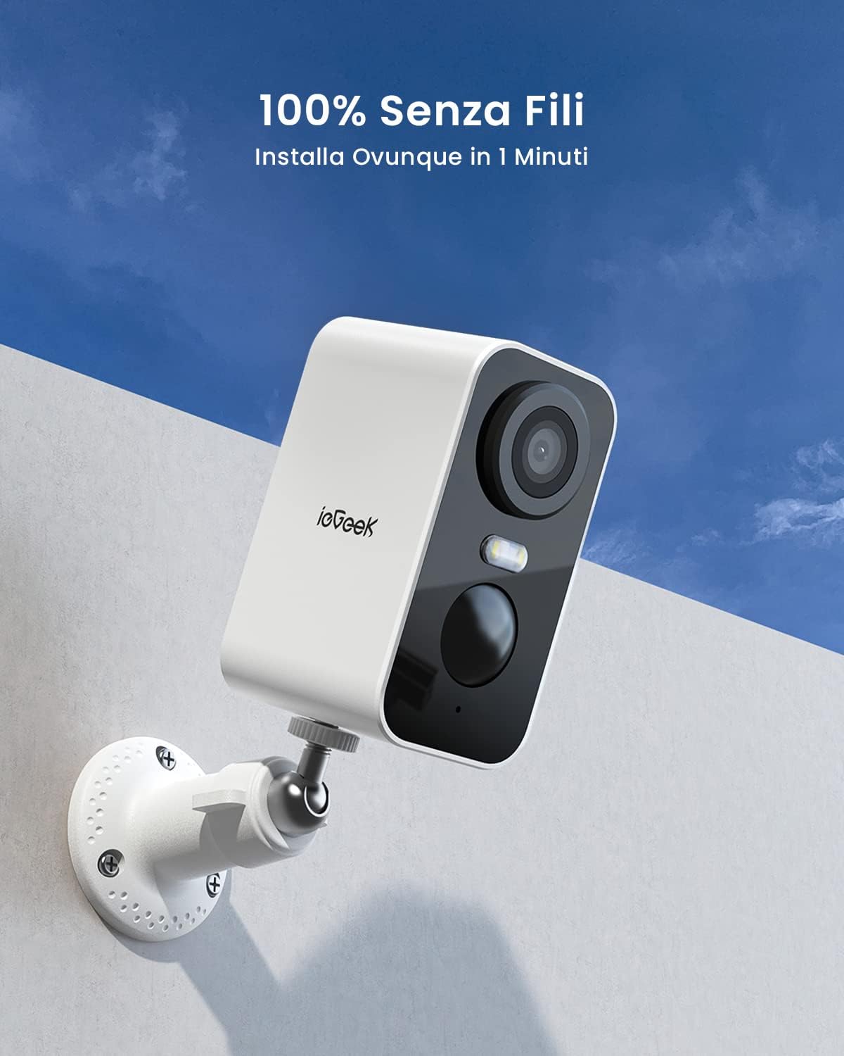 ieGeek 2K Telecamera Wi-Fi Esterno/Interno Senza Fili Batteria, Faro e Allarme Integrato, Visione Notturna a Colori, Rilevamento Movimento PIR, 2 Vie Audio, SD/Cloud Archiviazione, 2,4GHz WiFi, IP65
