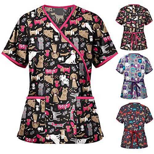 Nurse Tops for Women, Womens Short Sleeve V-Neck Tops Animal Print with Pockets Lacing Custom Working Uniform Blouse Black - Thumbnail 6
