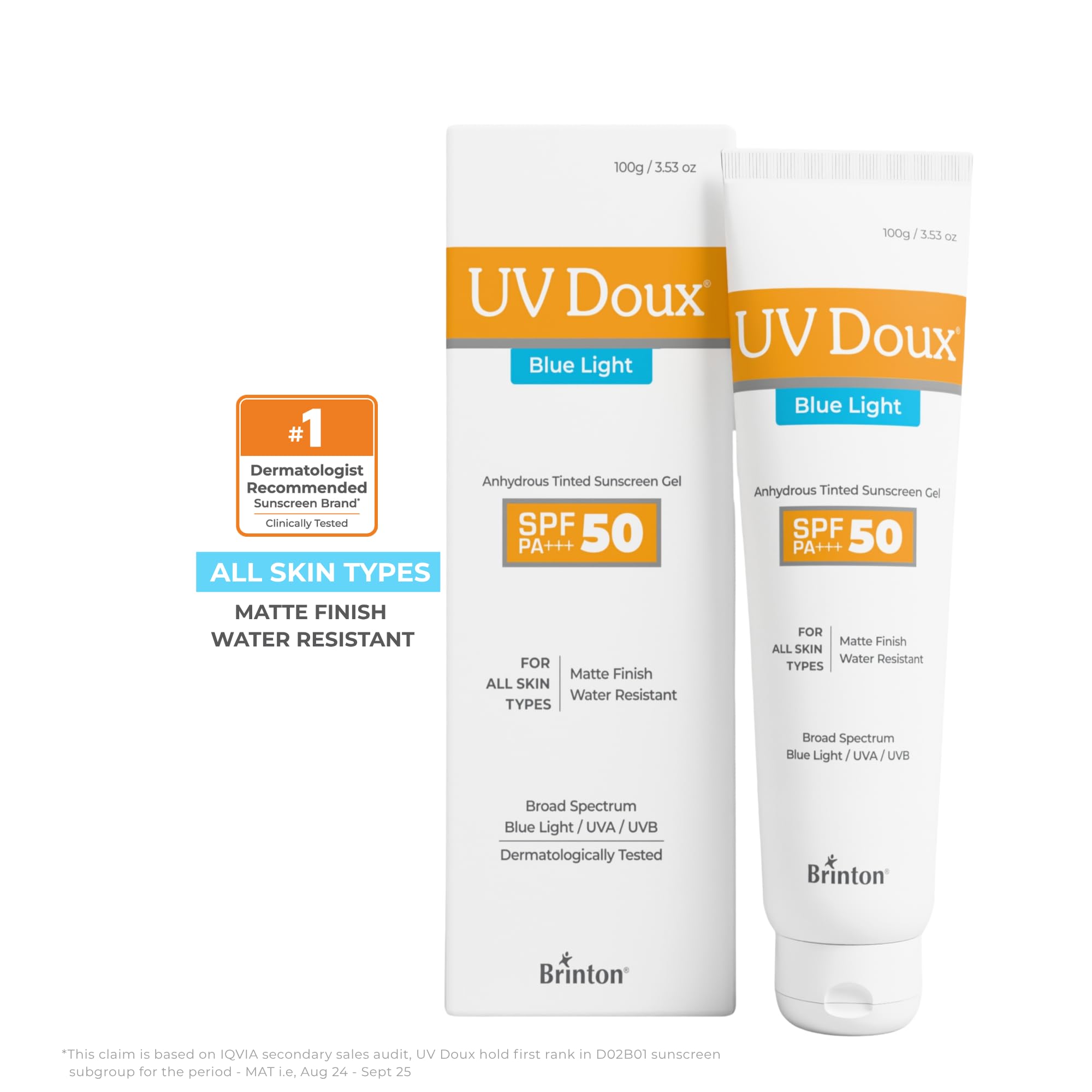 Gel protector solar UV Doux Blue Light SPF 50 PA+++ | Tintado, ligero, resistente al agua | Acabado mate | Protección UVA/UVB y luz azul | Para pieles grasas, sensibles y propensas al acné para