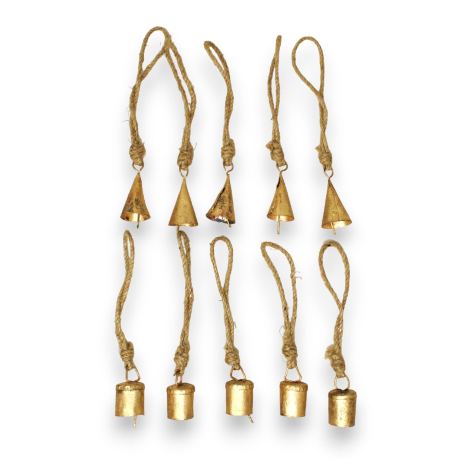 Set of Giant Vintage Rustic Metal Christmas Bell, Metal Tibetan Inspired Cowbells with Jute Ropes, Hanging Bells with Rod, Gold Shabby Chic Farmhouse Bells 12 XXL