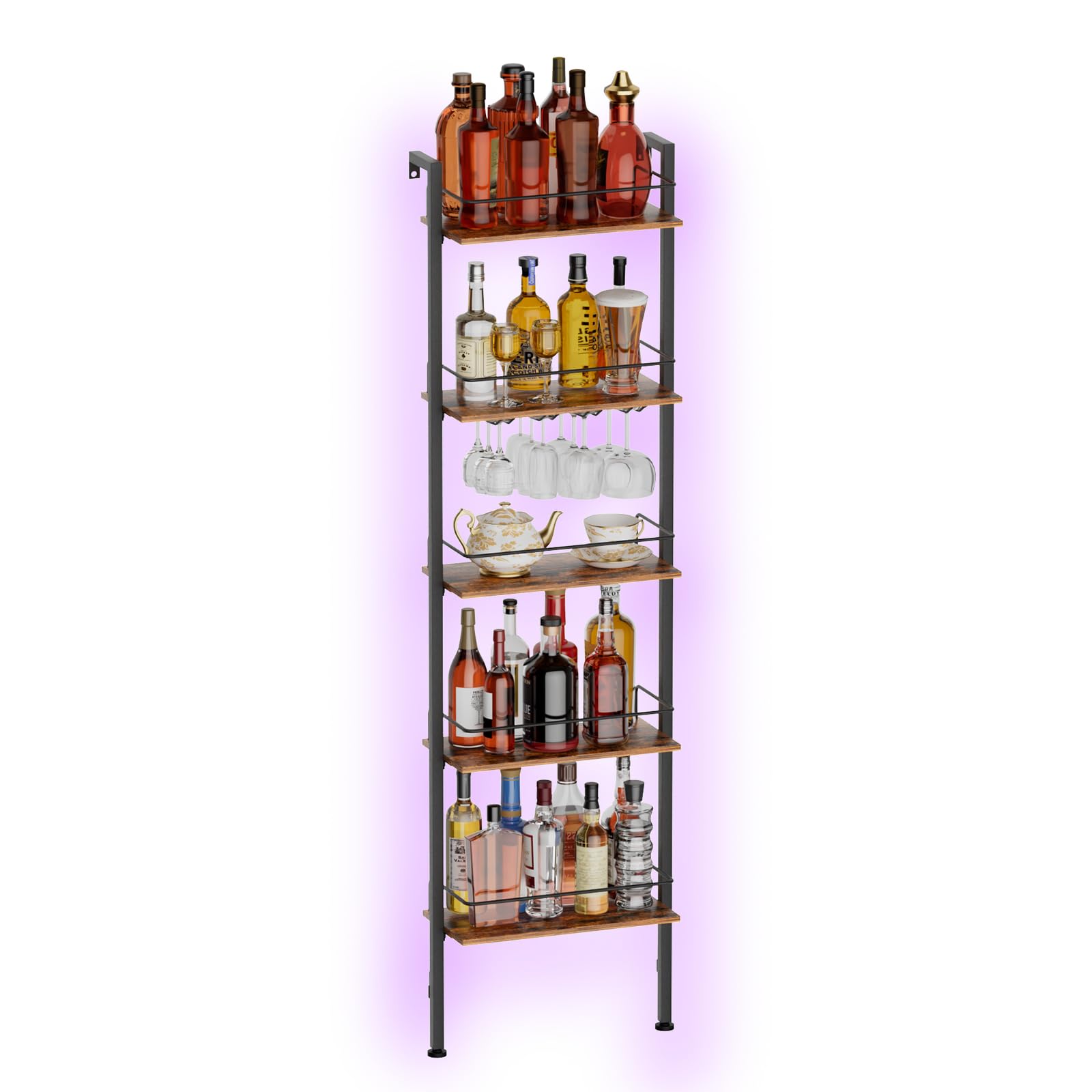 Yorbay 5-Stöckiges Freistehendes Weinregal mit LED-Beleuchtung | Industriestil Flaschenregal mit Glashaltere und Geländer - Schmal Weinständer mit Wandmontage für Küche Esszimmer Bar