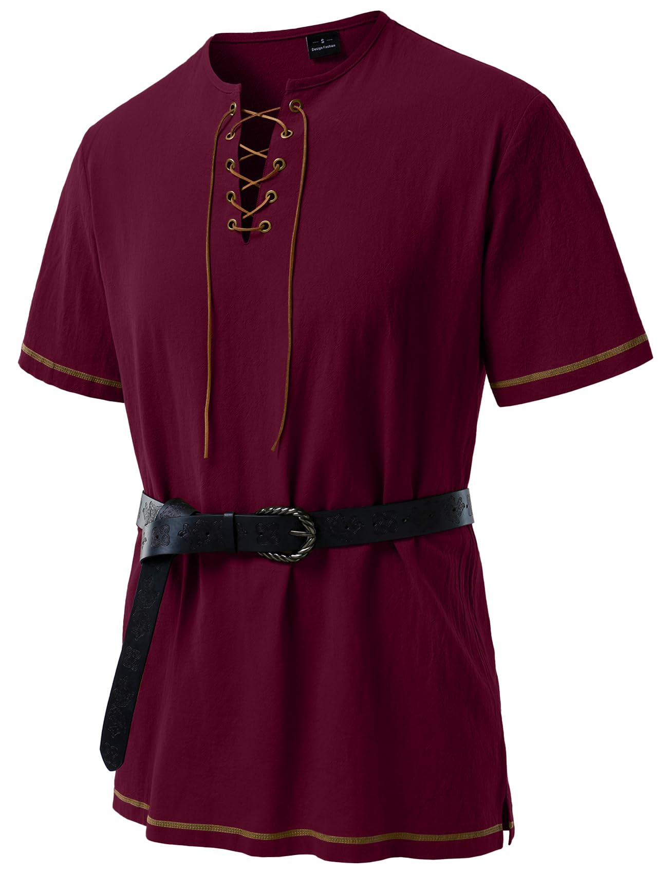 JEMITOP Men's Renaissance Costume Retro Short Sleeves Lace Up Shirts Tunic for Pirate Viking Medieval Halloween Cosplay Without Belt Burgundy XXXL
