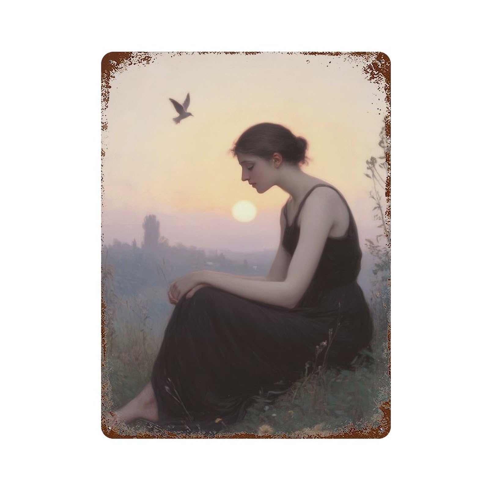 Woman in Black Dress at Sunset 15.7"x11.8" Vintage Rust Metal Sign, Shabby Chic Decor for Garage, Bar And Workshop Decor