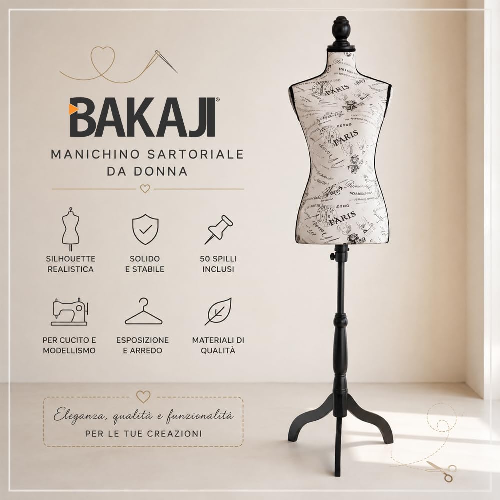Maniquí Busto Sartorial Femenino De Costura para Prendas Ropa Tailleur Torso De Mujer Altura Ajustable para Vitrinas con Trípode Estructura De Madera 42 x 170 cm (Paris)