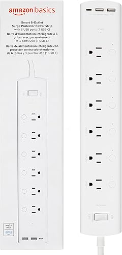 Tienda Basics Regleta de enchufe inteligente con 6 tomas controladas individualmente y 3 puertos USB (2 USB-A y 1 USB-C), funciona solo con Alexa,