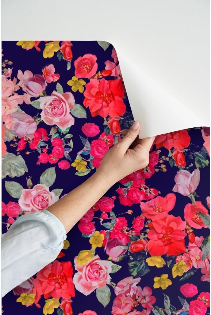 Peel & Stick Wallpaper 3ft x 2ft - Antique Floral Print Navy Coral Pink Red Flowers Vintage Pretty Roses Custom Removable Wallpaper by Spoonflower