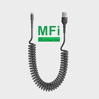 Coiled iPhone Lightning Cable Carplay[Apple Mfi Certified], USB to Lightning Cable Fast Data Sync with LED, Short Retractable iPhone Cord for Car Compatible with iPhone 14/13/12/11
