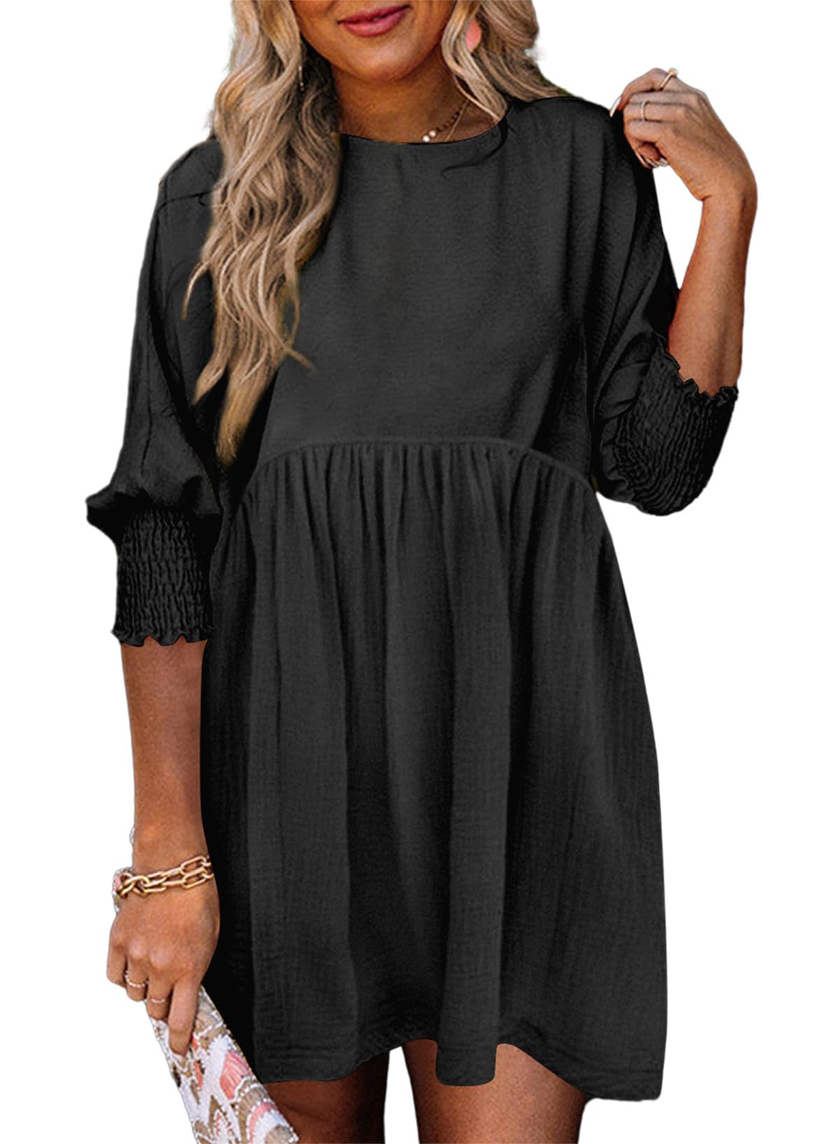 Womens Empire Waist 3/4 Sleeve Casual Babydoll Mini Dress