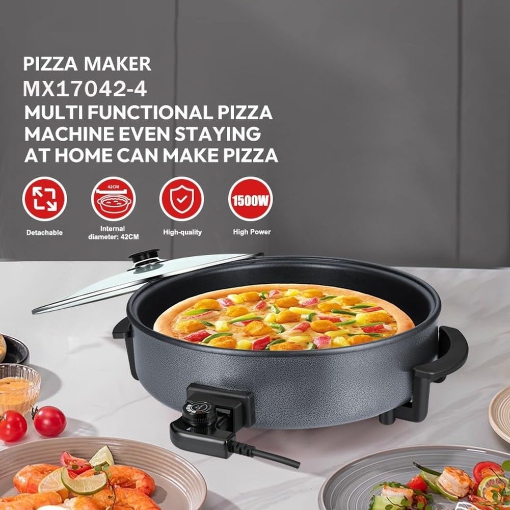 Sartén eléctrica de 42 cm con tapa, 1500 W, termostato ajustable para freír, asar, olla caliente y hacer pizza en reuniones familiares (9 cm de profundidad)