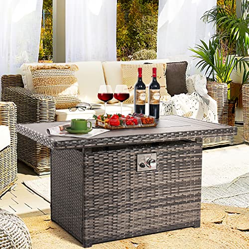Oneinmil 44" Outdoor Fire Pit Table, Csa Certification 50,000 Btu Propan Fire Pit Table With Auto-Ignition, Patio Wicker Firepit With Oxford Cover, Grey #TOP1