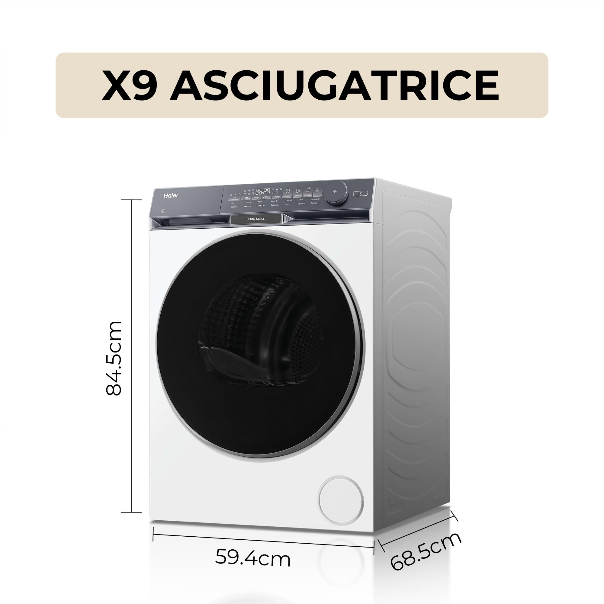 Haier X Serie 9 Asciugatrice 9 Kg a Pompa di Calore, Libera Installazione, Classe C, Ultra Sense 3D Tech, Ultra Reverse Drum, Wi-Fi e App hOn, Filtro 3in1, 84.5x59.5x68.4 cm, Bianca – HD90-CQ387U1-IT
