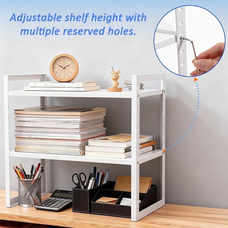 Office Desk Shelf Organizer, Metal Desktop Bookshelf Storage Rack, Height Adjustable Countertop Shelf for Study Room, Home Office, Multipurpose Storage for Books, Files, Stationery and Desk Essentials