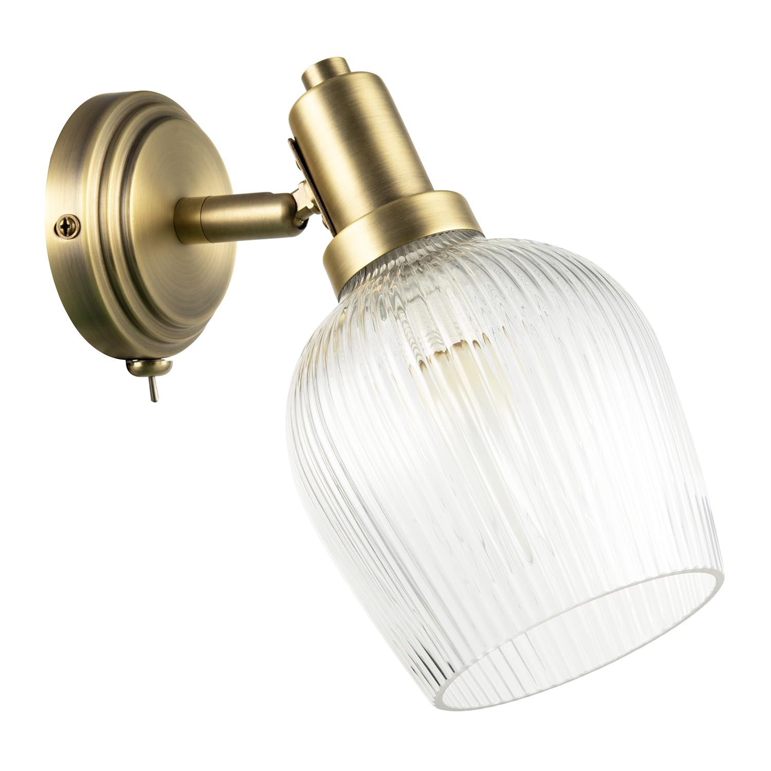 B&Q -  Classy Antique Brass Switched Wall Light With Clear Ribbed Glass Shade