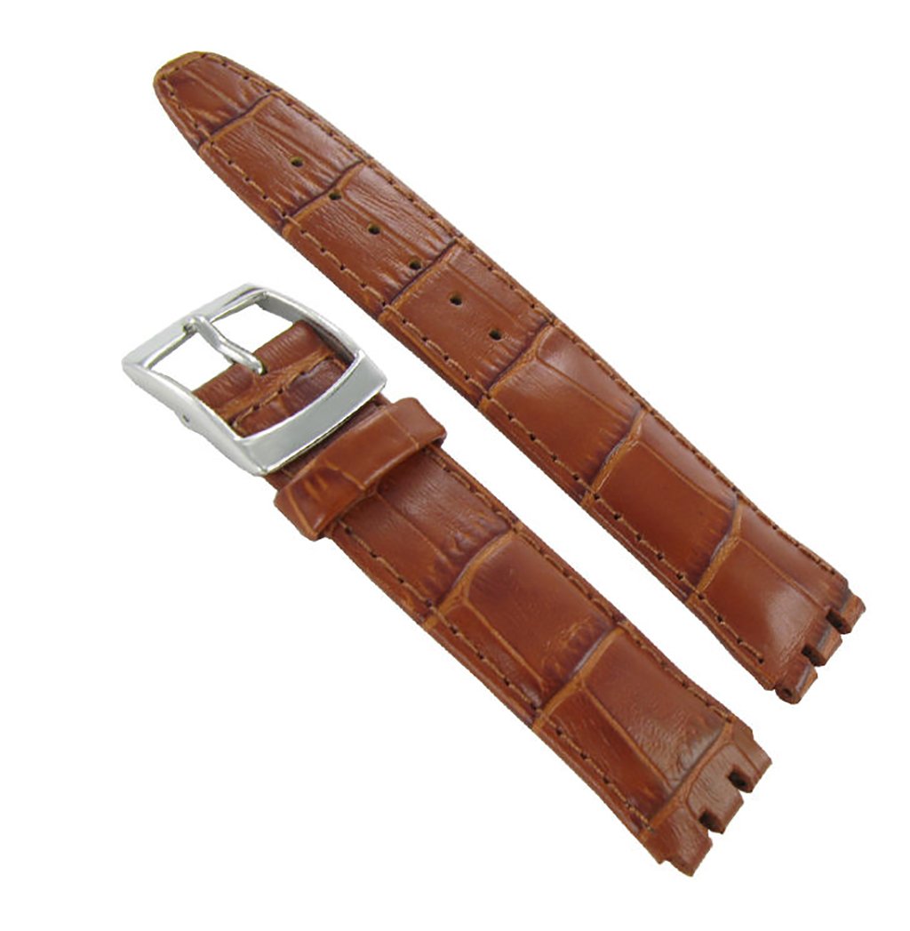 20mm Genuine Leather Alligator Grain Padded Tan Brown Watch Band Fits Swatch