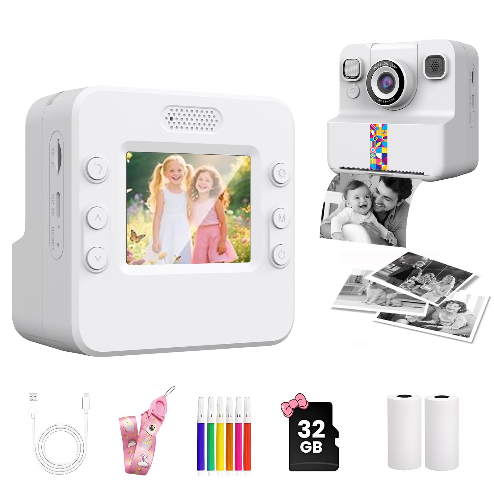 YOBWOK Kids Camera Instant Print,Digital Camera for Kids,180° Rotating Selfie Lens with 32GB SD Card & 2 Rolls Printing Paper Kids Toy Birthday Gifts for Boys Girls Ages 3-12,White