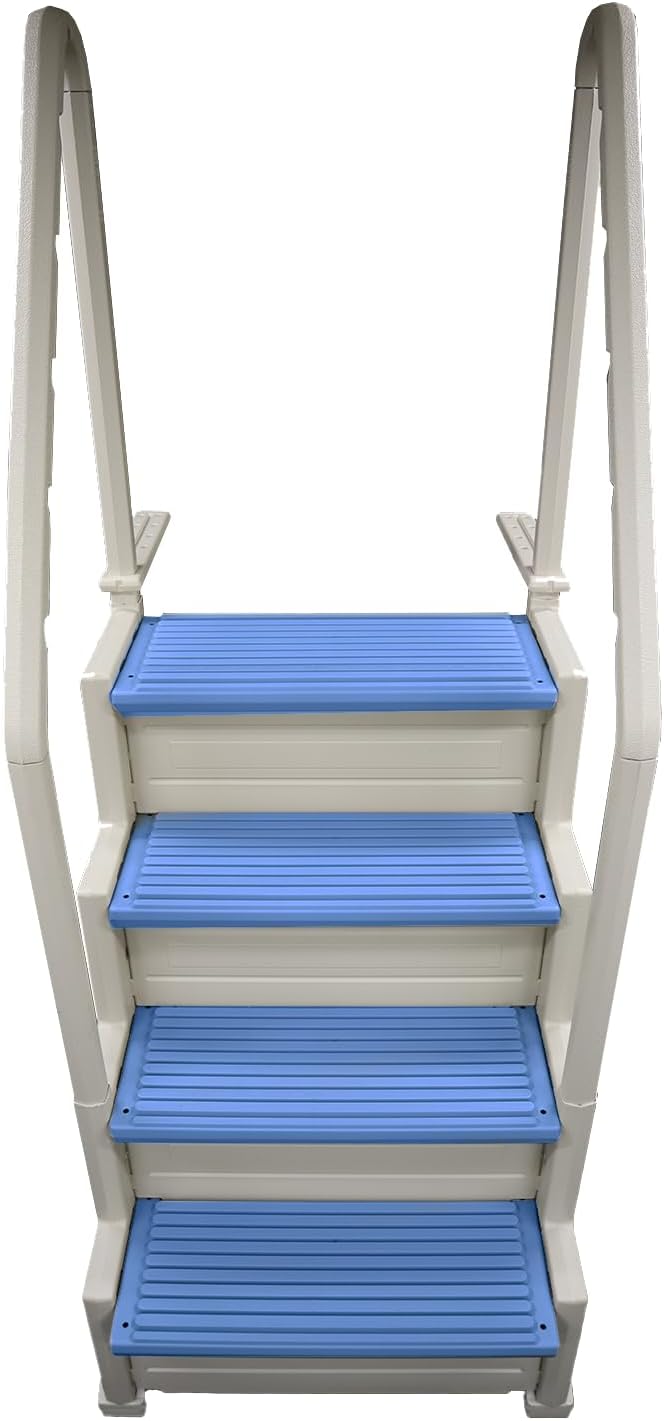 Confer Plastics Step-1X Above Ground Pool Entry System – Dual Handrails, Slip-Resistant Steps, Supports 400 lbs, Easy Installation, Warm Grey with Blue Treads, Made in USA