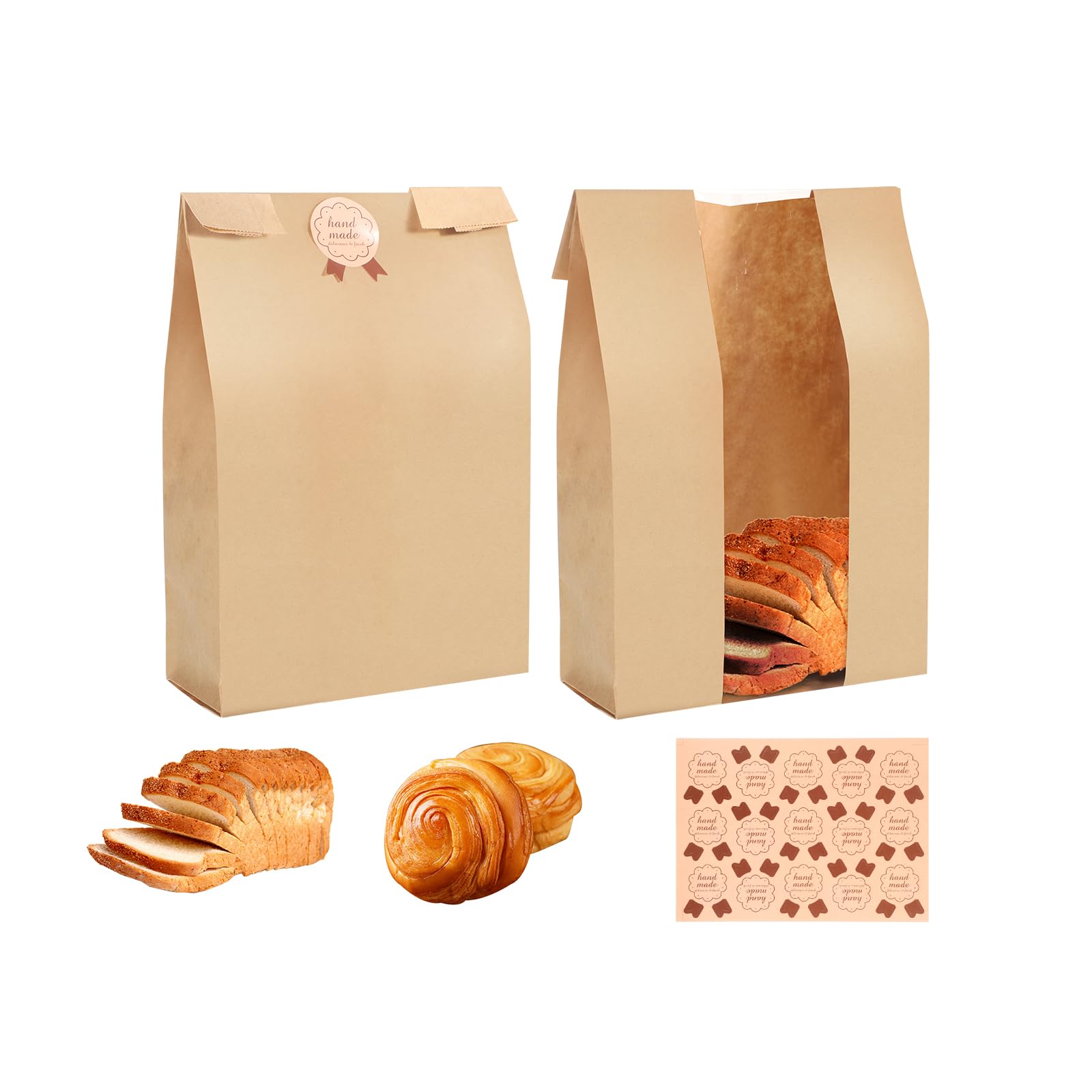 WSICSE 60 Pack Paper Bread Bags for Homemade Bread, 9.5 * 4.7 * 2 Inch Sourdough Bread Bags with Window and 60 Stickers for Packaging Toast Croissants Bagels Donuts
