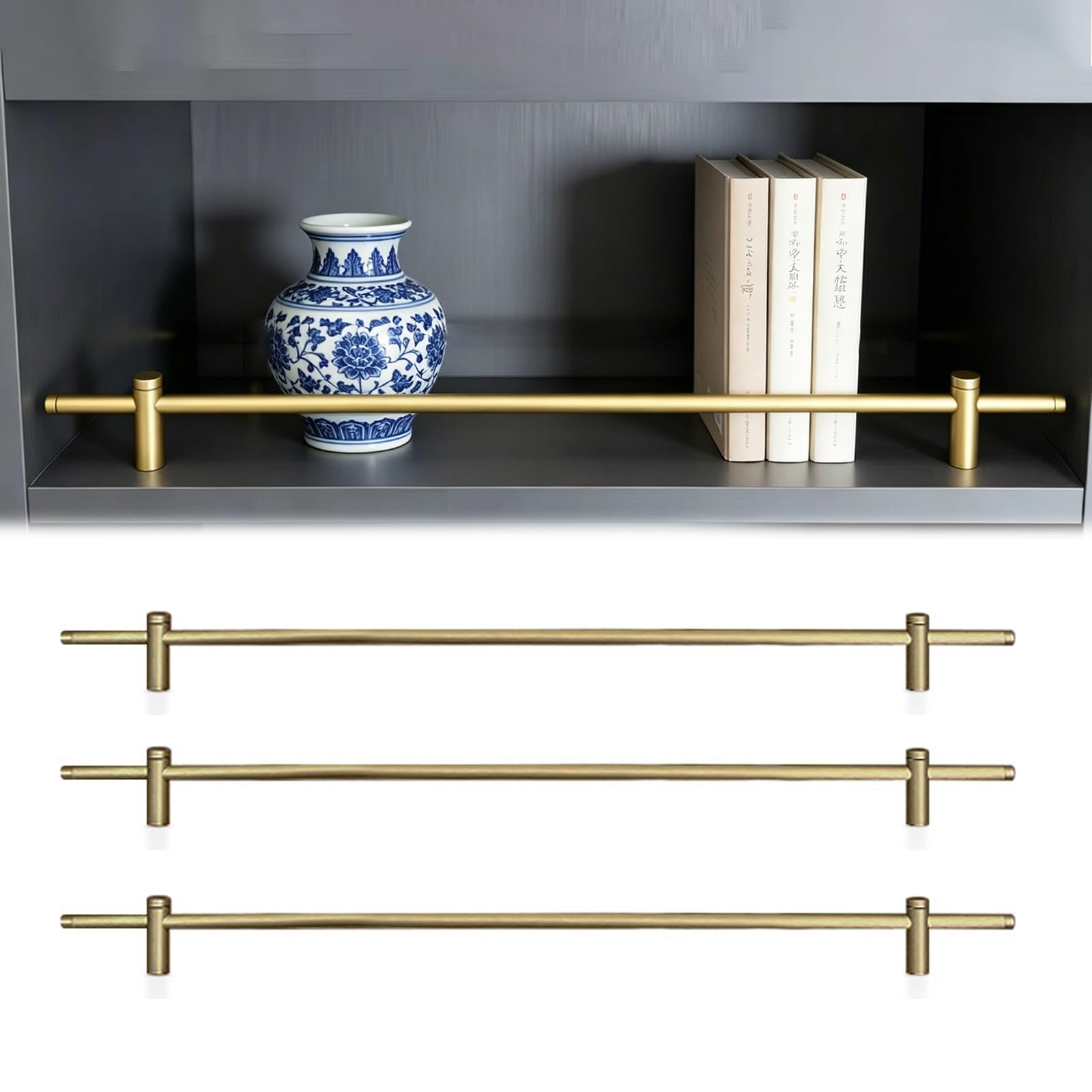Gold Gallery Railing Bar for Kitchen Cabinet/Bathroom, Metal Guardrail Anti-Tipping for Floating Shelf/Retail Displays/Shoe Rack/Open Shelves(3 Pcs,Long 32in/81cm)