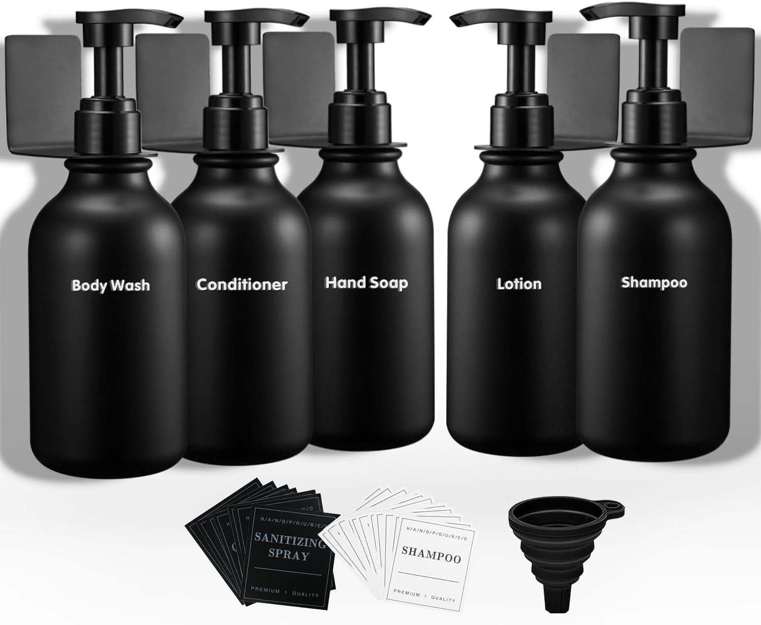Pretocter5 Pcs Shampoo and Conditioner Dispenser Set Modern Shower Soap Bottles with Pump and Labels Easy to Refill Body Wash Dispensers with Funnel Empty Bottles, Wall Mounts Soap Dispenser- Black
