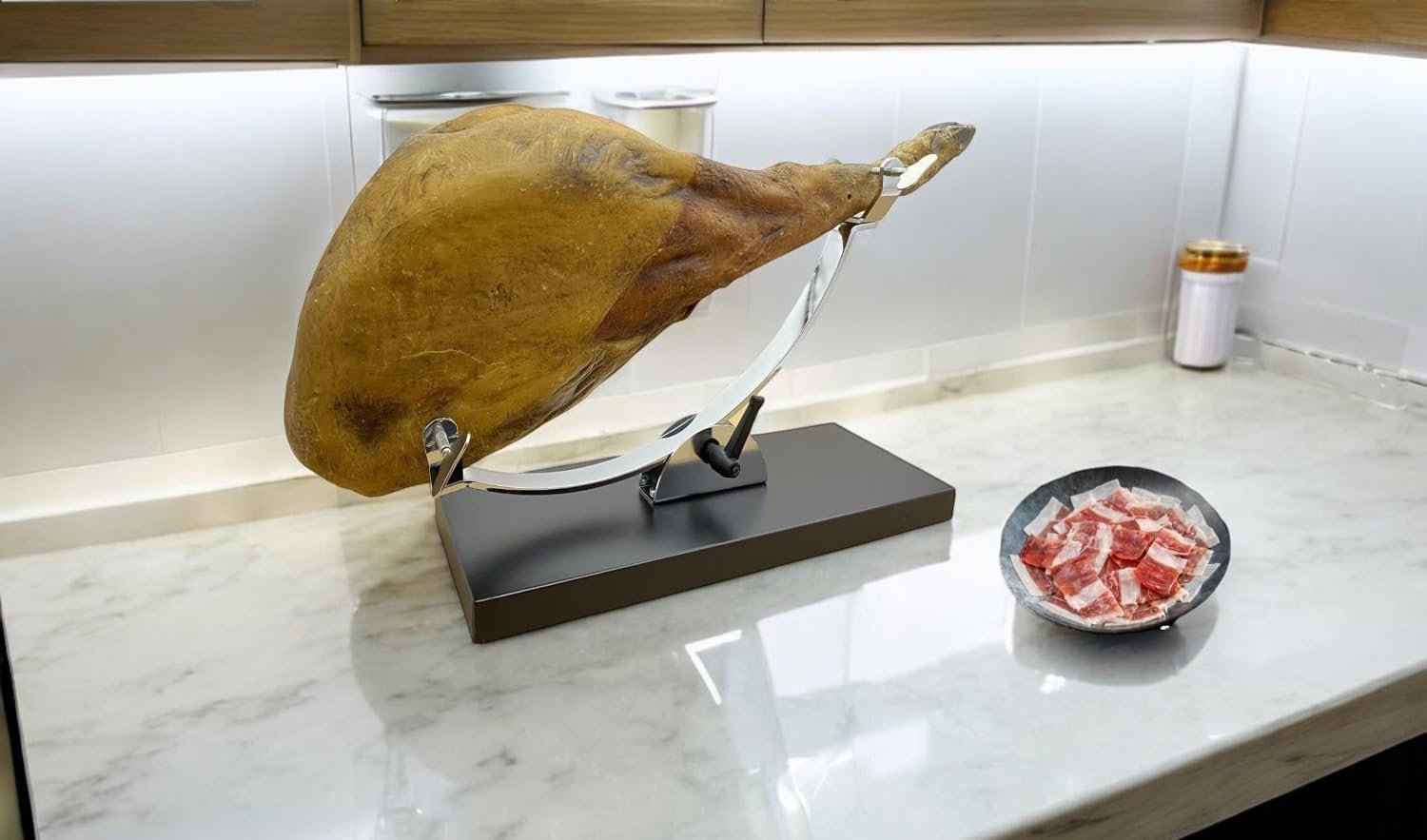 FERRETERIA LEPANTO Jamonero Basculante, Jamonero Serrano, Soporte jamonero basculante, jamonero Profesional mas Set de Corte LepantoHouse (Set Burdeo)