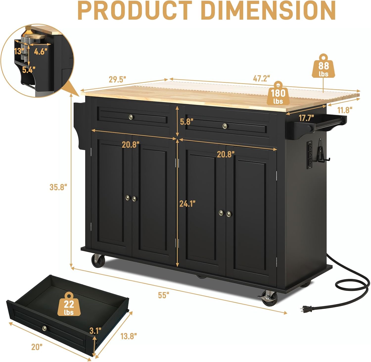 Hlivelood 55 inch Black Movable Kitchen Island with detailed product dimensions