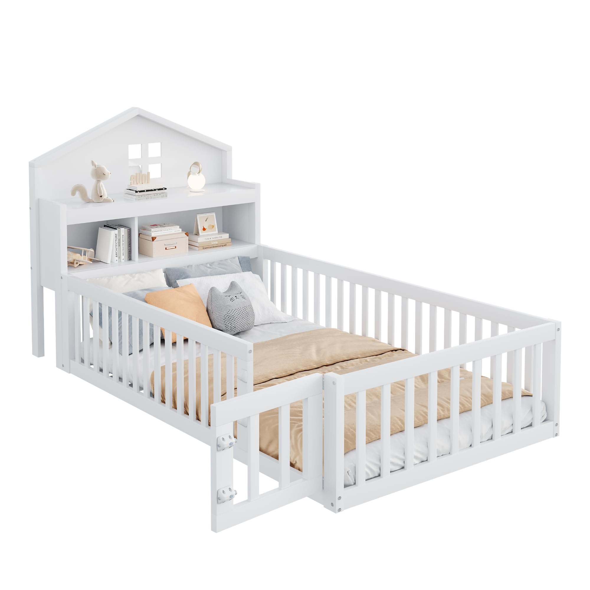 Kinderbett Bodenbett 90x200 cm mit Rausfallschutz&Lattenrost&Tür &Stauraum-Kopfteil&Tafel, Montessori Bett Bed Gitterbett Hausbett Kinder Jugendbett Einzelbett Holzbett Bettgestell, Massivholz, Weiß