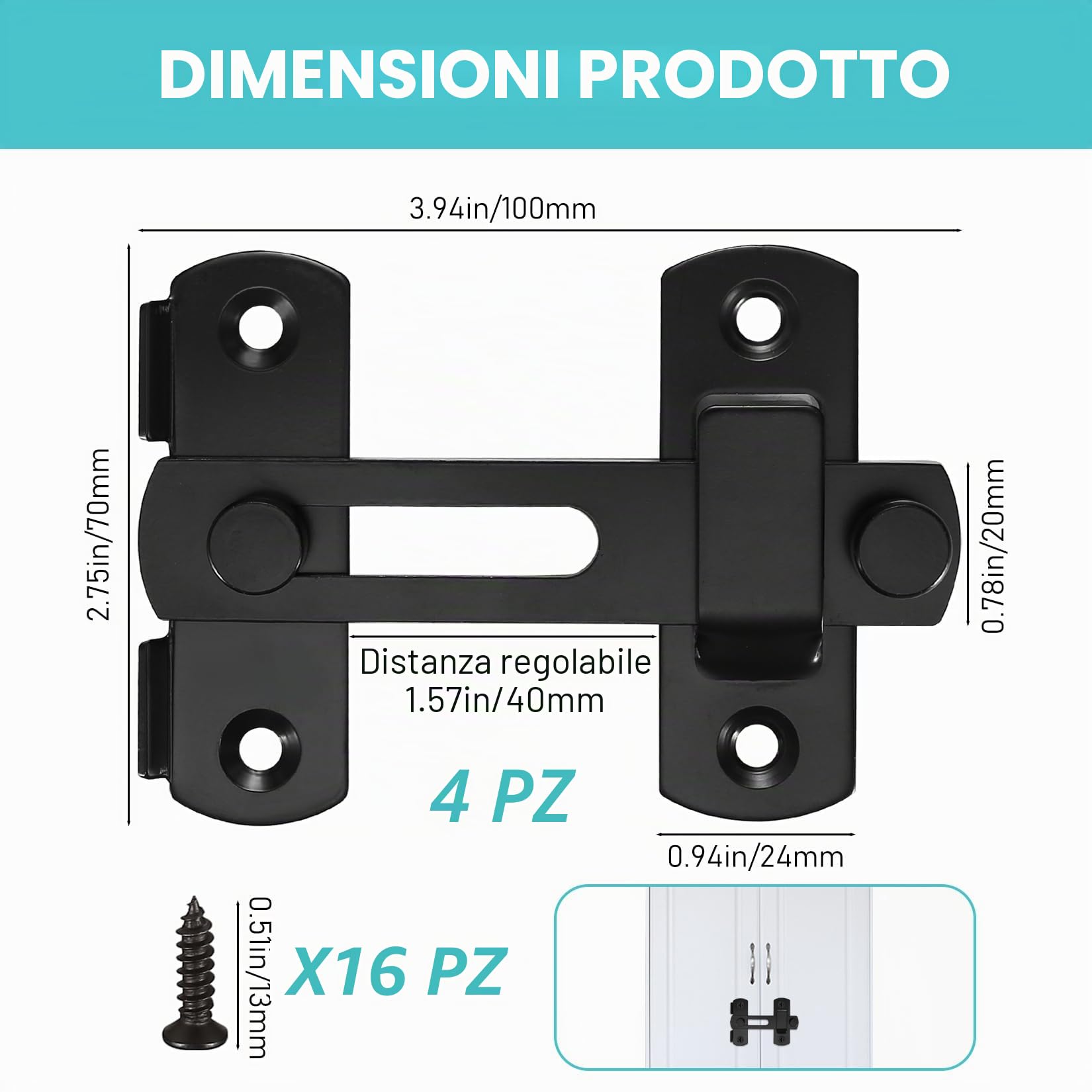 Serrature e catenacci per porte di fienili scorrevoli a 180°, confezione da 4, chiusure nere con chiusura a scatto, per porte di fienili, bagno, garage, finestre