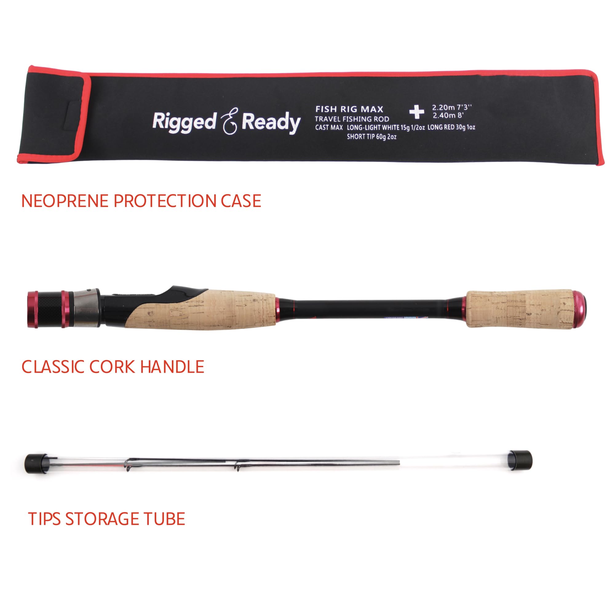 Rigged and Ready Fish Rig Max - Canna da pesca telescopica Spin & Bait-Cast da viaggio con micro grilletto unico, canna in carbonio + 3 punte. 240 e 210 cm, 0-15, 10-30, 20-50 g