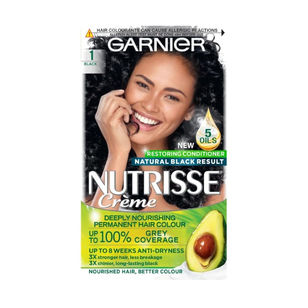 Garnier Nutrisse Permanent Hair Dye, Natural-looking, hair colour result, For All Hair Types, 1 Black