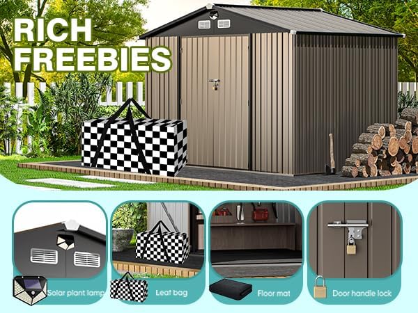 Image showing the shed and included freebies: solar light, leaf bag, floor mat, and handle lock.