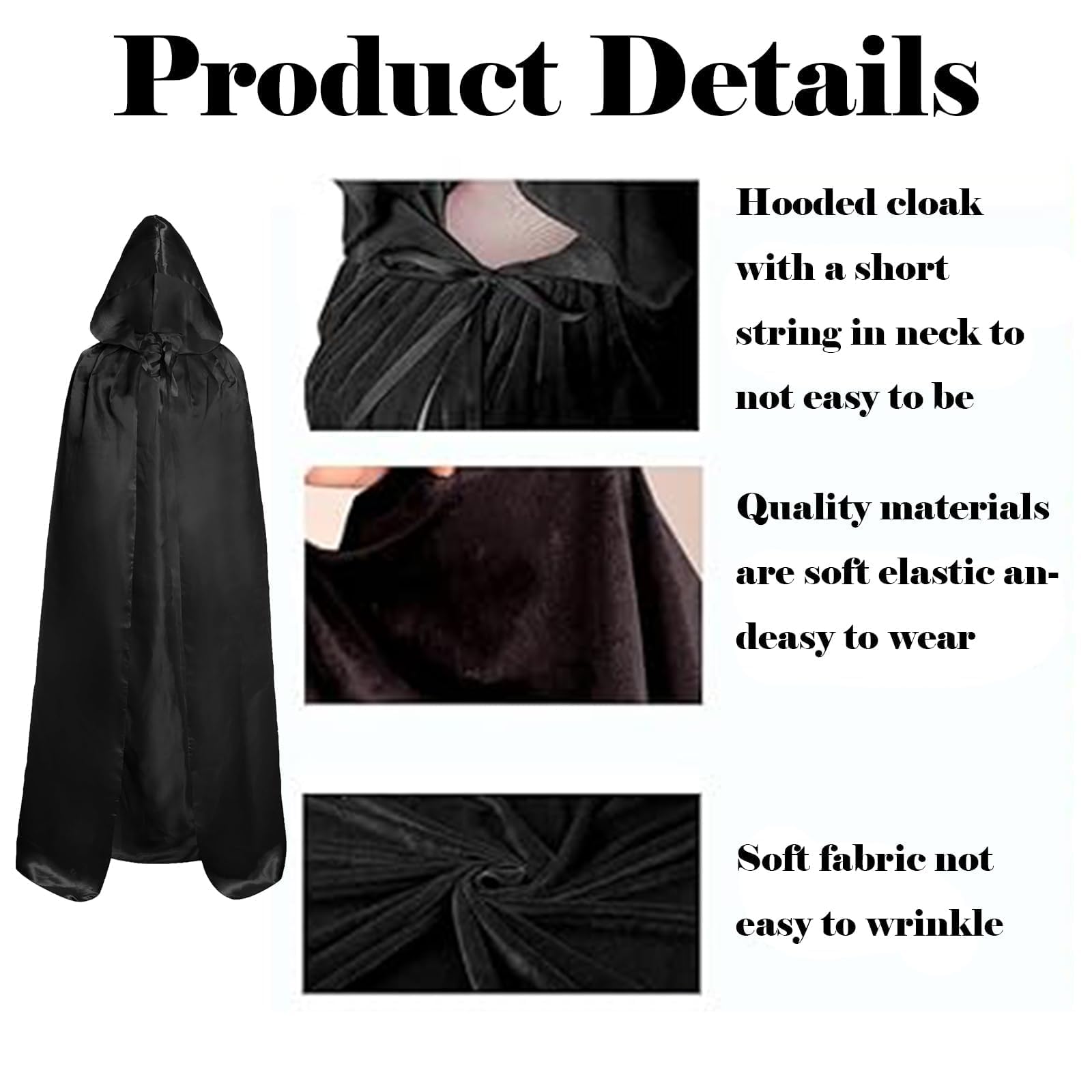 TZMFHD Black Cape, Unisex Hooded Cloak for Halloween Costumes 160cm Long Black Cloak, Handsome and Fashion Black Hooded Cloak - Image 3