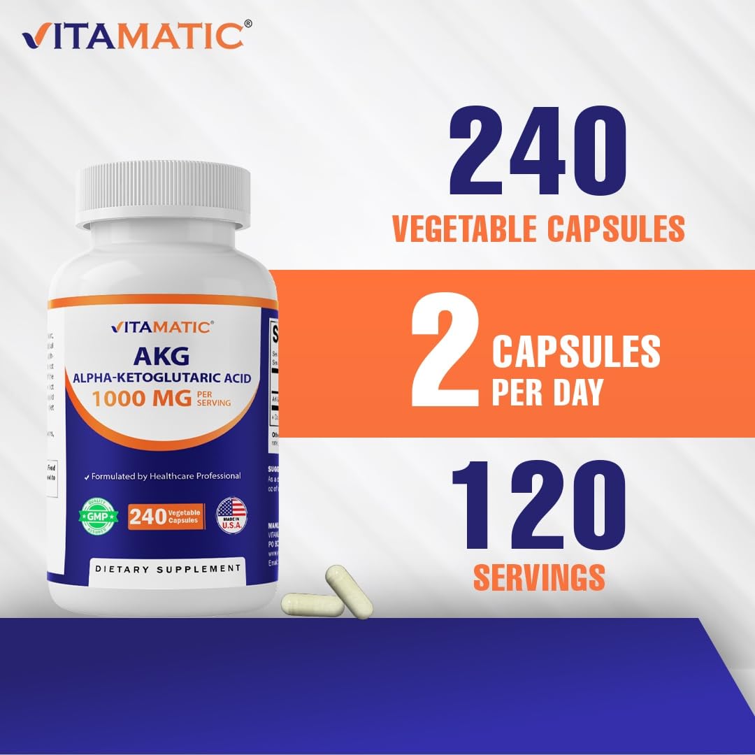 Vitamatic Alpha-Ketoglutaric Acid (AKG) 1000 mg Per Serving – Amino Acid Support for Energy, Metabolism & Cellular Health – 240 Veg Capsules – Non-GMO, Made in USA — Amazon image 4