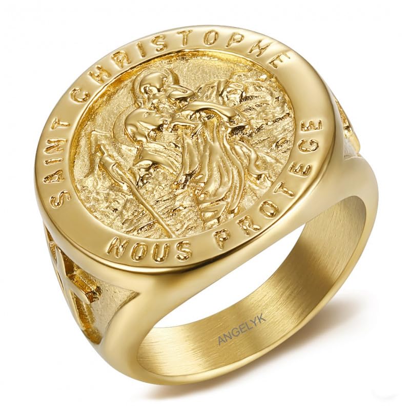 BOBIJOO Jewelry - Bague Chevalière Homme Saint Christophe Nous Protège Patron des Voyageurs Acier Or Plaqué Doré 316L - 66 (11 US)