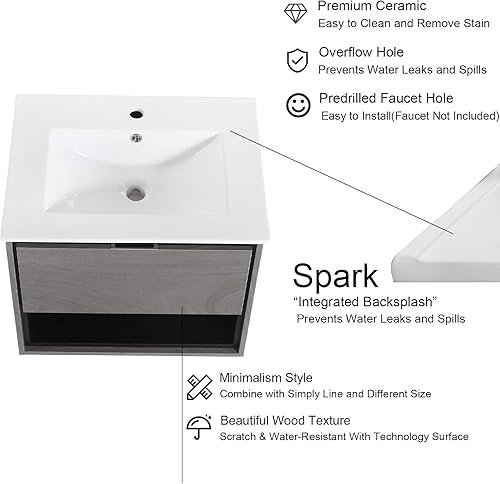 Miniatura 4 de NEWTIK Juego de tocador de baño de 24 pulgadas, pequeño armario de baño flotante montado en la pared con fregadero de desbordamiento y cajón de