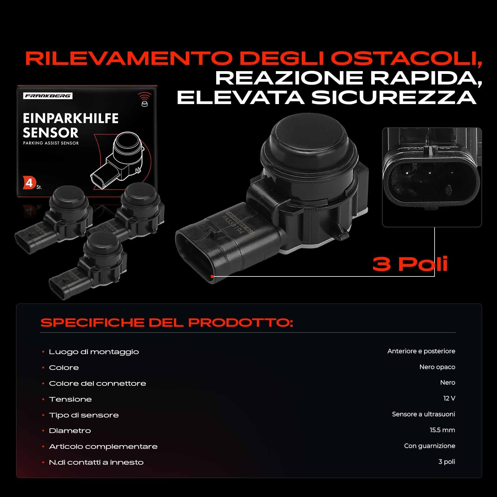 Frankberg 4x Sensore di Parcheggio PDC Compatibile 312 0.9L 2012-2019 319 0.9L 2013-2019 4C 960 1.7L 2013-2019
