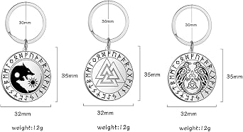 VASSAGO Viking Runes Keychains 3 Pieces Stainless Steel Coin Pendant Key Chain Celtic Symbol Wolf Raven Hrunger Heart Keyring